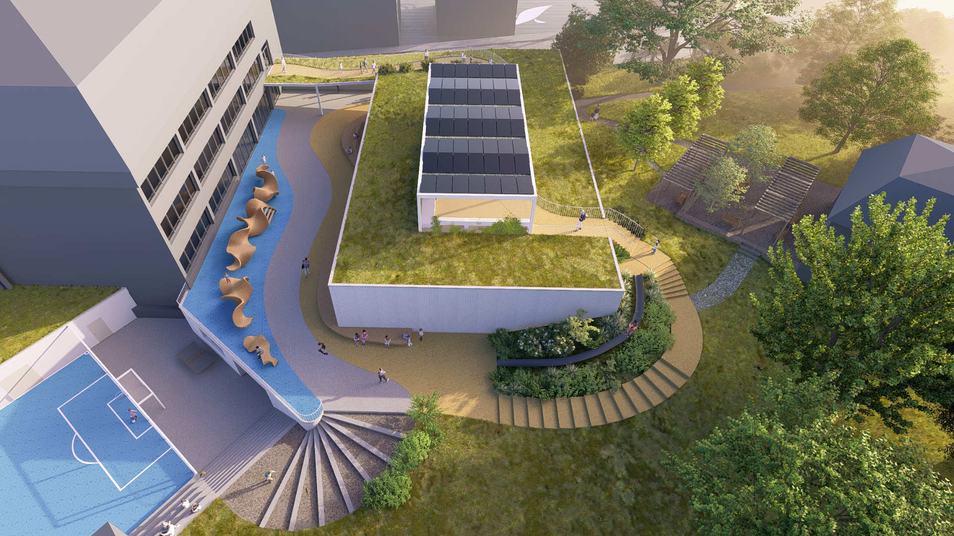 TĚLOCVIČNA NOVÝ JIČÍN-VENKOVNÍ UČEBNA-VENKOVNÍ HŘIŠTĚ-PROBARVENÝ BETON-ZELENÁ STŘECHA-BEZPEČNÝ PROSTOR PRO DĚTI