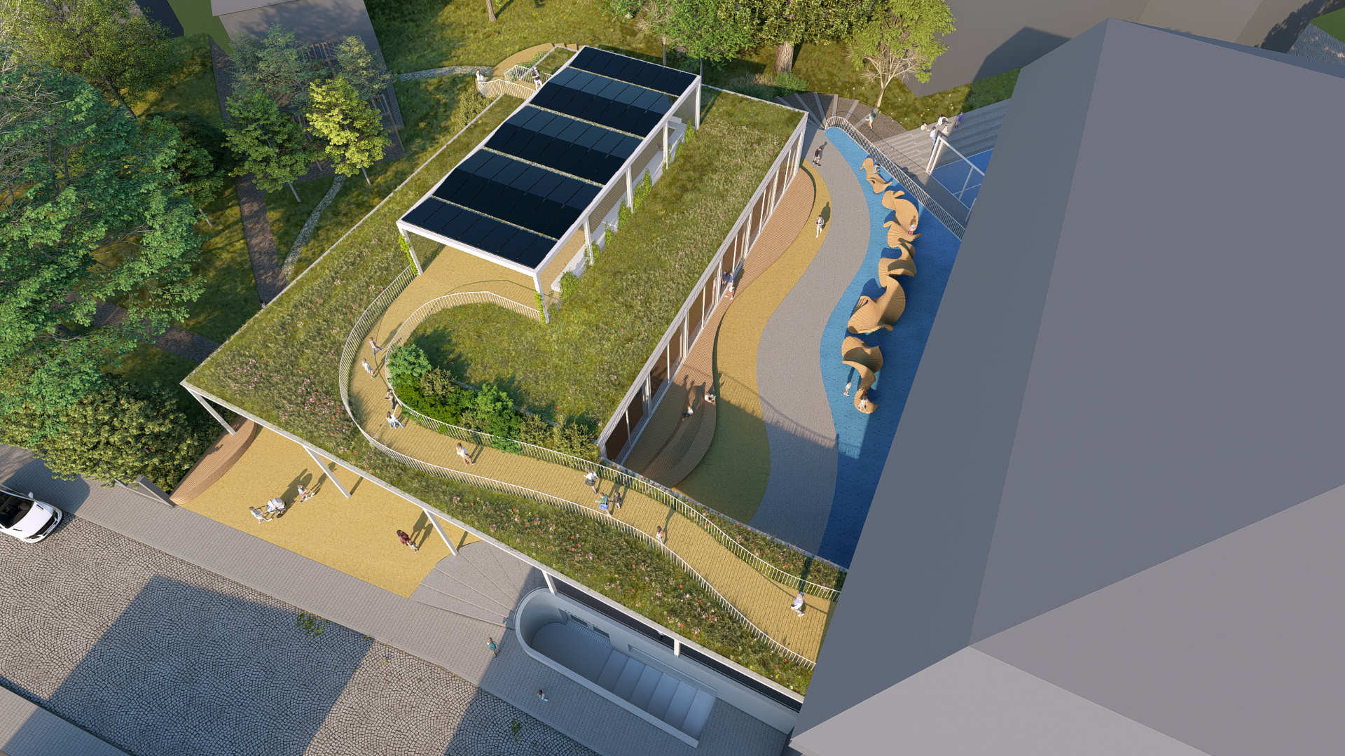 TĚLOCVIČNA NOVÝ JIČÍN-NADLED-VSTUPNÍ PROSTOR-ZELENÁ STŘECHA-VENKOVNÍ UČEBNA