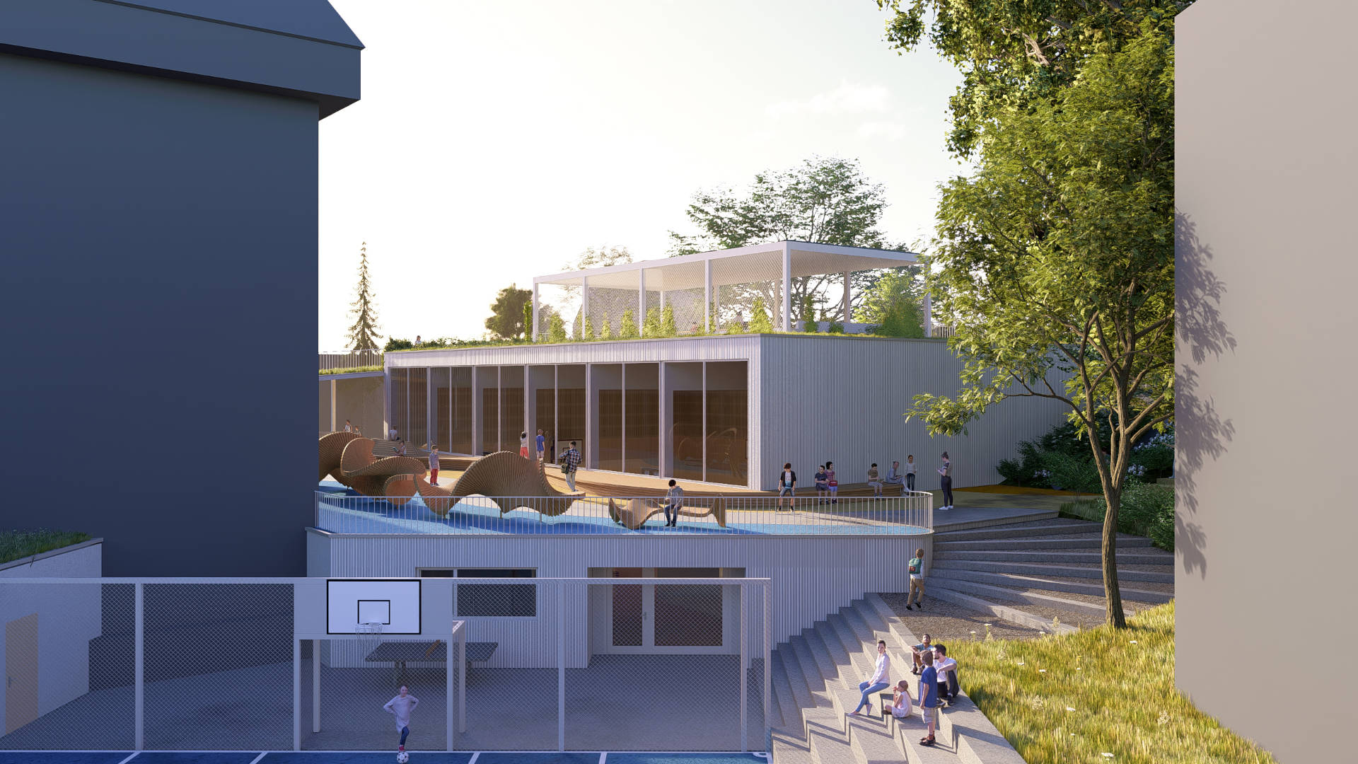 TĚLOCVIČNA NOVÝ JIČÍN-PROSKLENÁ STĚNA-VENKOVNÍ HŘIŠTĚ-PRŮHLED DO INTERIÉRU